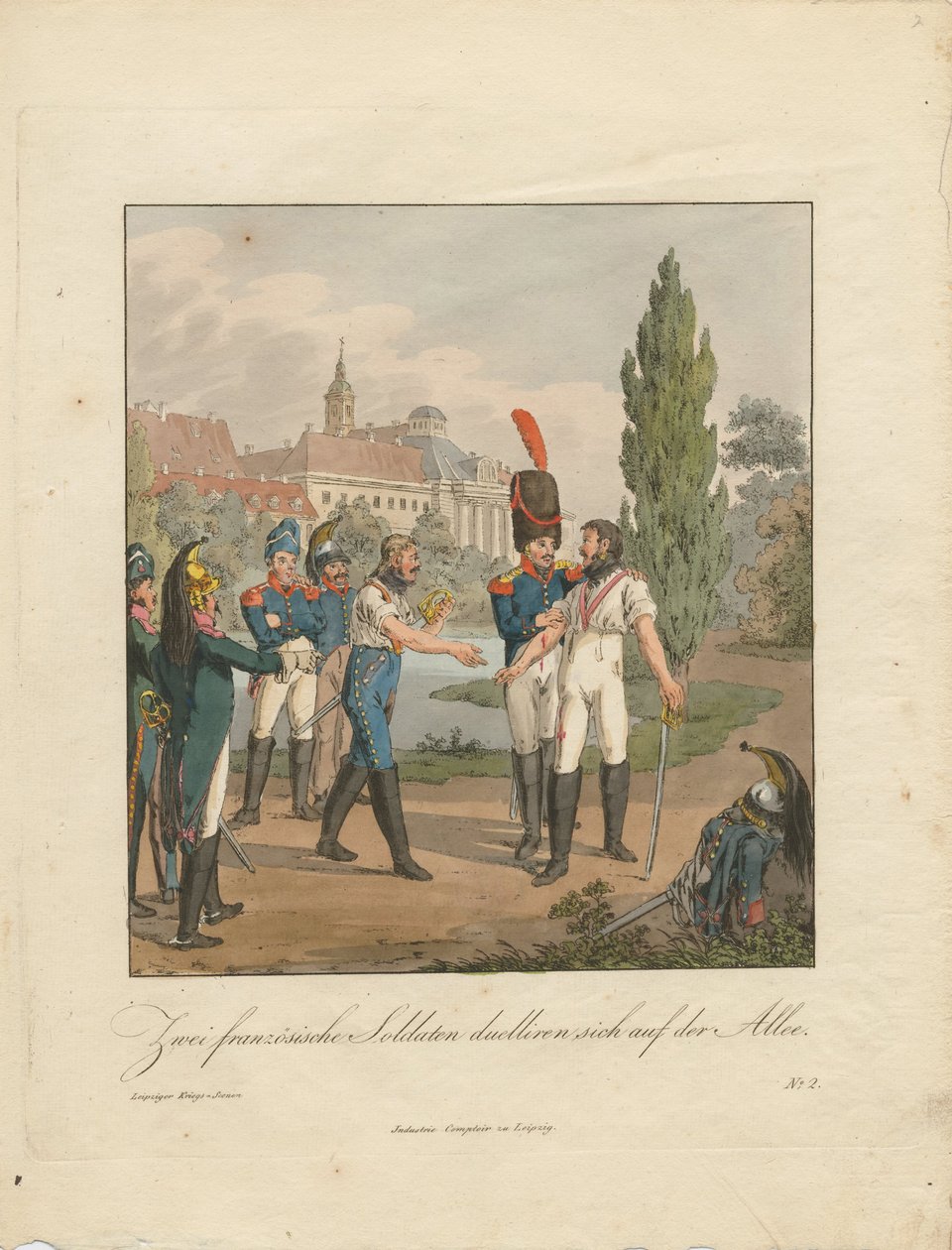 Zwei französische Soldaten kämpfen ein Duell auf einer Allee von Christian Gottfried Heinrich Geissler