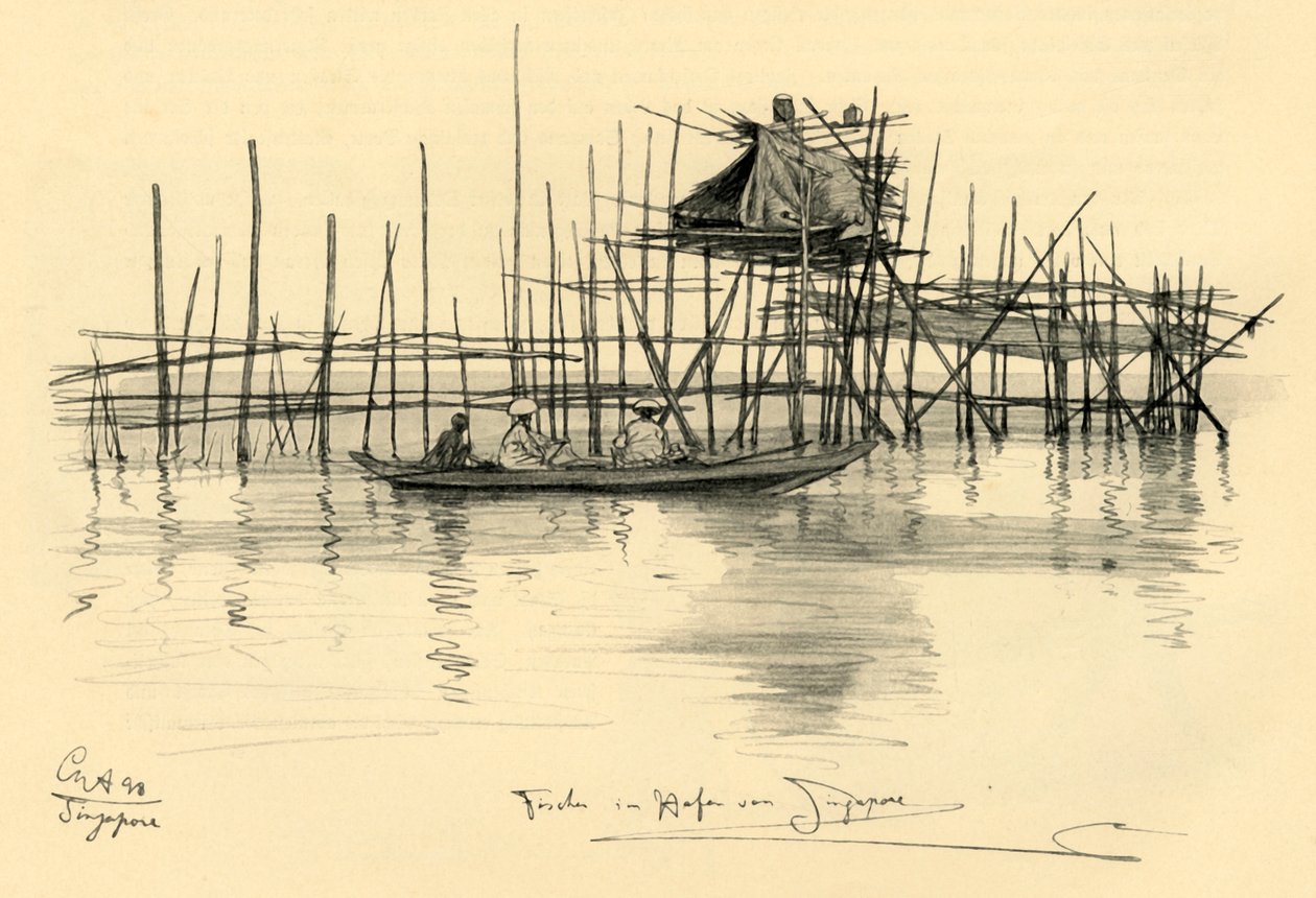 Haus auf Stelzen und Fischer im Hafen von Singapur, 1898 von Christian Wilhelm Allers