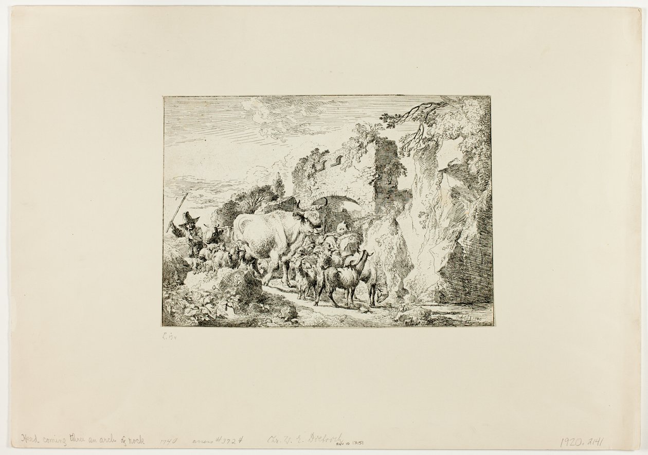 Herde, die durch einen Felsbogen kommt von Christian Wilhelm Ernst Dietrich