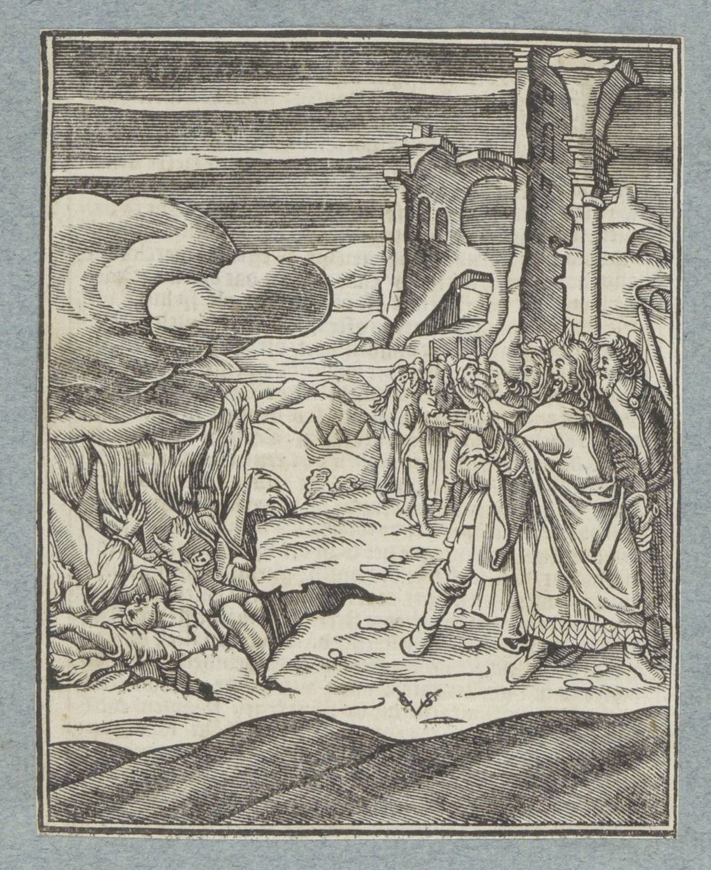 Korach, Datan und Abiram und ihre Familien werden von der Erde verschlungen von Christoffel van Sichem (II)