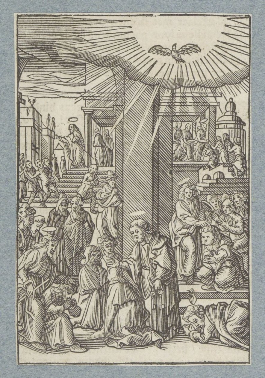 Petrus, Johannes und Philippus segnen Gläubige in Samaria von Christoffel van Sichem (II)