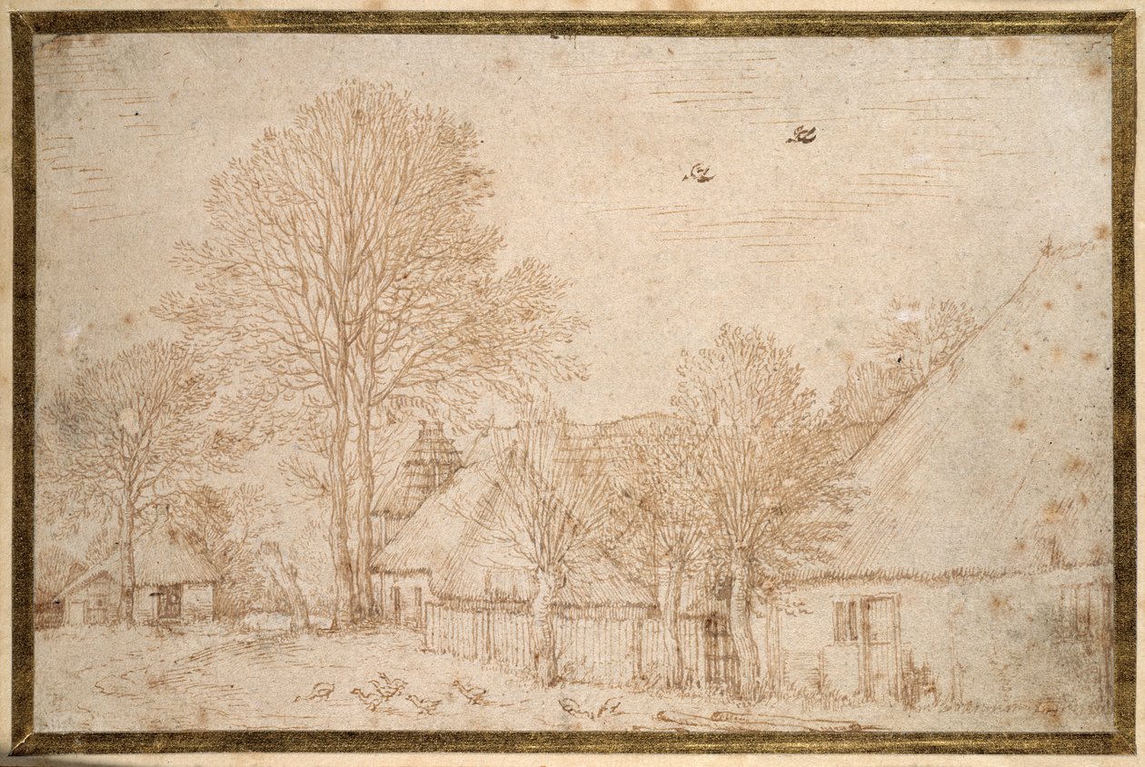 Reetgedeckte Gebäude, fast kahle Bäume und eine Gänseschar von Kosma Sergejewitsch Petrow Wodkin