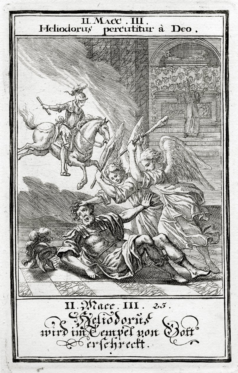 Gott erschreckt Heliodorus in einem Tempel, 2 Makkabäer (3:21-28), 1695 von Christoph Weigel
