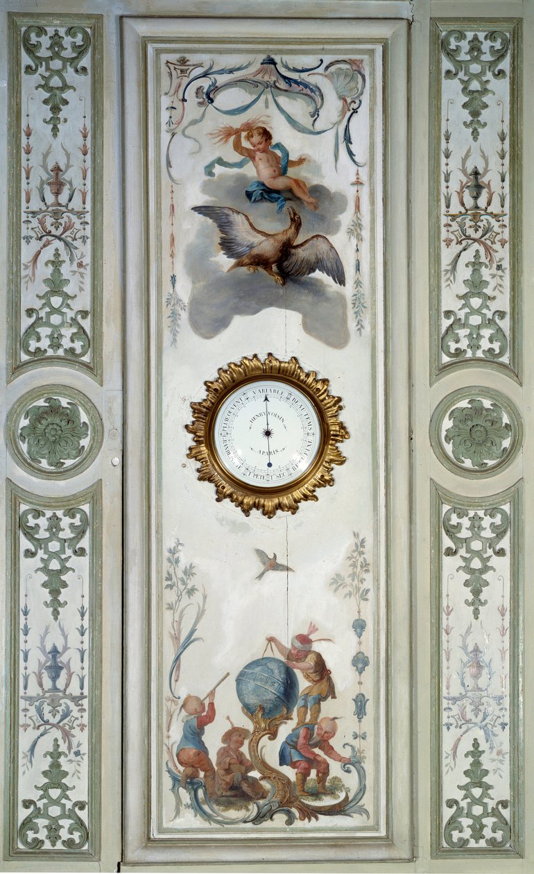 Paneel des großen Wohnzimmers des Château de Champs-sur-Marne mit Barometer und Chinoiserie. Wanddekor gemalt von Christophe Huet (1700-1759) von Christophe Huet