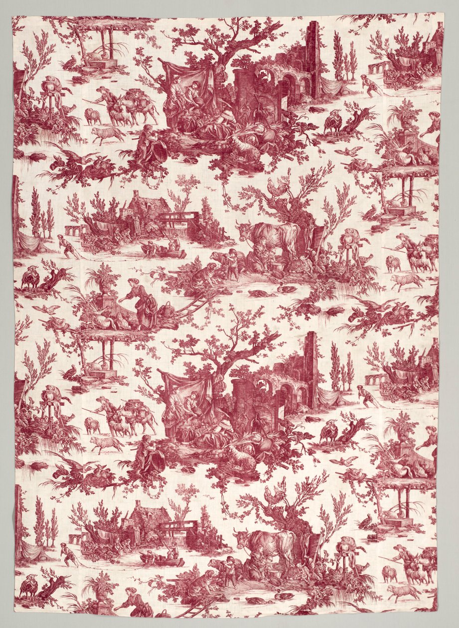 Streifen aus Kupferplatten bedruckter Baumwolle mit Les plaisirs de la ferme Design von Christophe Philippe Oberkampf