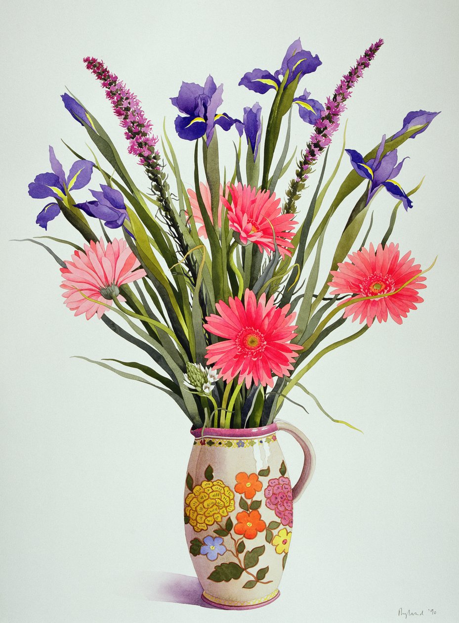 Schwertlilien und Gerbera in einem niederländischen Krug von Christopher Ryland