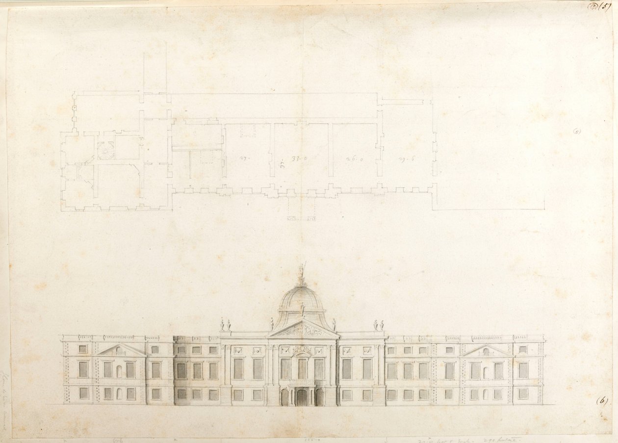 Hampton Court Palace, Teilplan und Skizzenansicht für eine Eingangsfassade, wahrscheinlich für das 2. Schema, nummeriert 5 & 6 von Christopher Wren