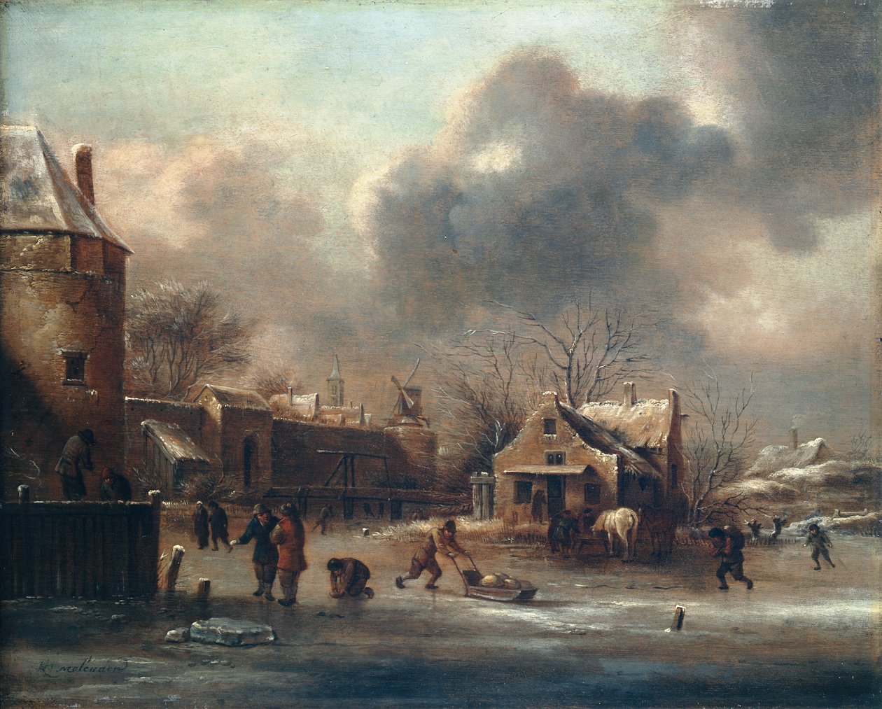 Eislaufszene: Figuren auf dem Eis nahe den Stadtmauern von Claes (1630 76) Molenaer