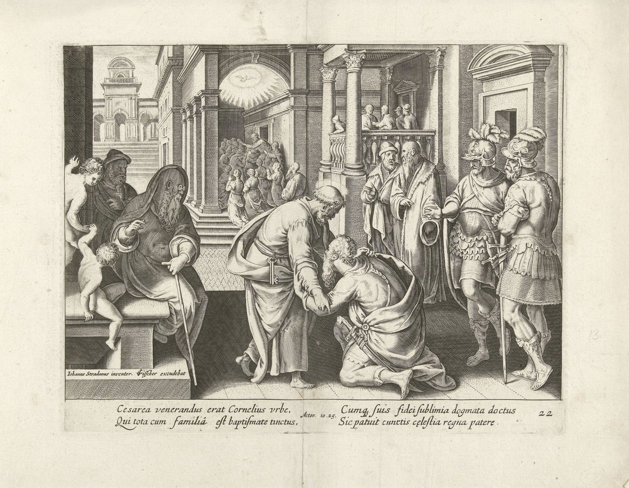 Cornelius kniet vor Petrus (Serie: Handlungen der Apostel, Acta Apostolorum) von Claes Jansz. Visscher (II) (attributed to workshop of)