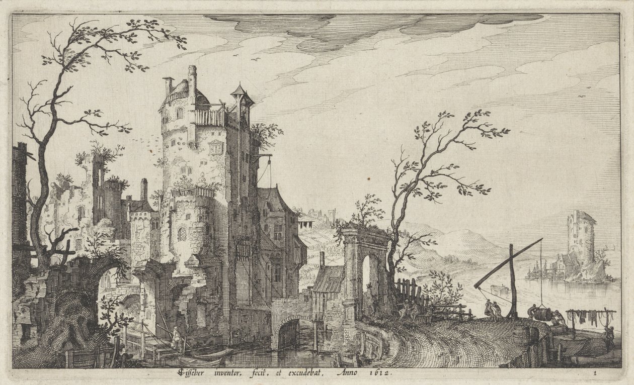 Ruinenhafte Stadttor am Wasser von Claes Jansz. Visscher (II)