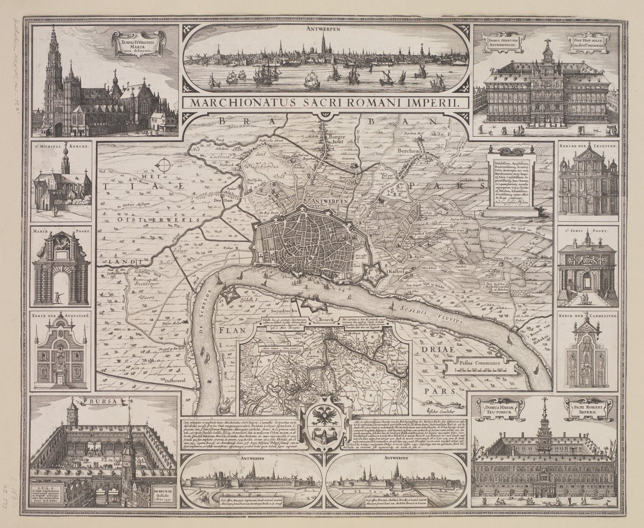 Plan von Antwerpen mit Ansicht der Stadt und der wichtigsten Gebäude von Claes Jansz. Visscher