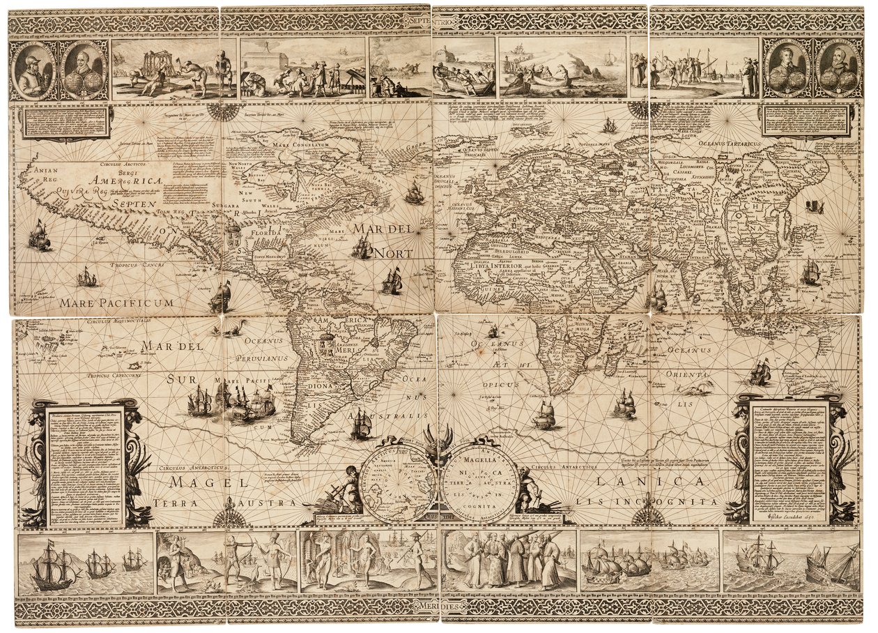Das Blatt ist eine Komposition aus acht Abschnitten und einer Gravur, auf Karton geklebt. Maßstab: circa 1:35.000.000. von Claes Jansz Visscher