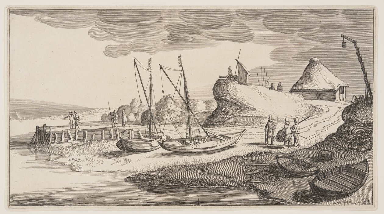Boote an Land in der Nähe eines Wachturms, aus Landschaften (Playsante Lantschappen) von Claes Jansz. Visscher II