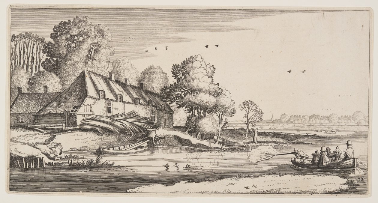 Entenjagd von einem Ruderboot in der Nähe eines Bauernhofs, aus Landschaften (Playsante Lantschappen) von Claes Jansz. Visscher II