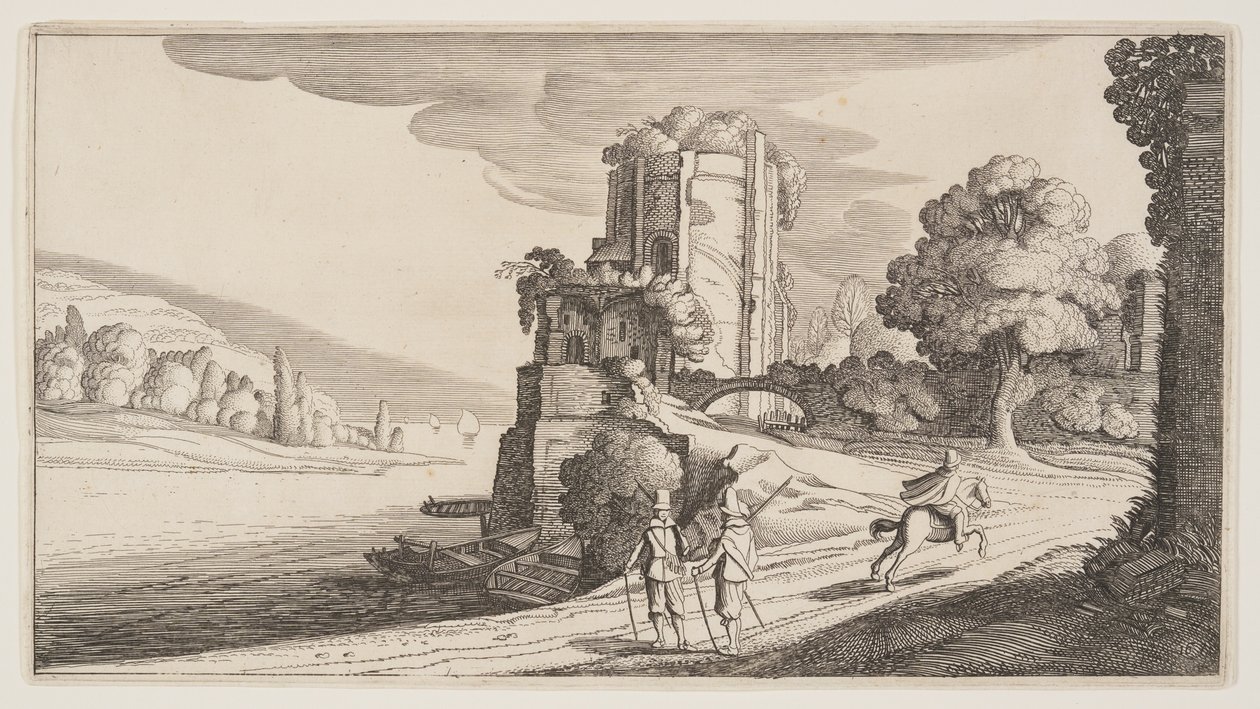 Runder Turm an einem Fluss, aus Landschaften (Playsante Lantschappen) von Claes Jansz. Visscher II