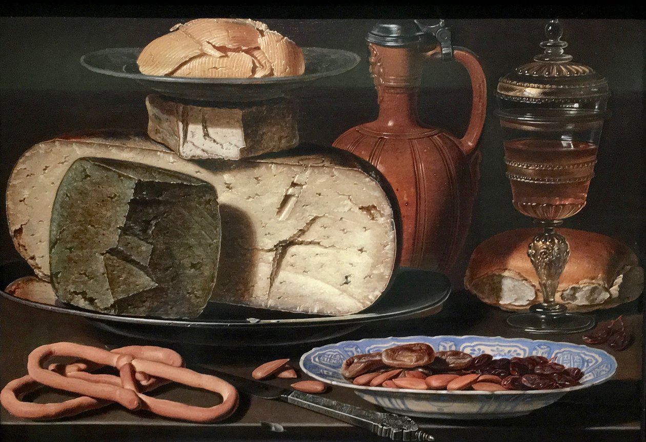 Stillleben mit Käse, Mandeln und Brezeln von Clara Peeters