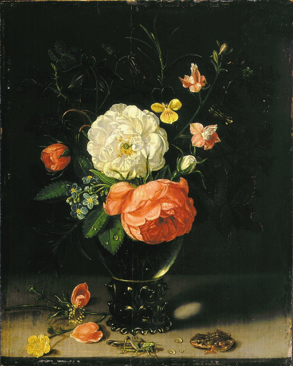 Blumen in einer Vase mit Heuschrecke und Frosch von Clara Peeters