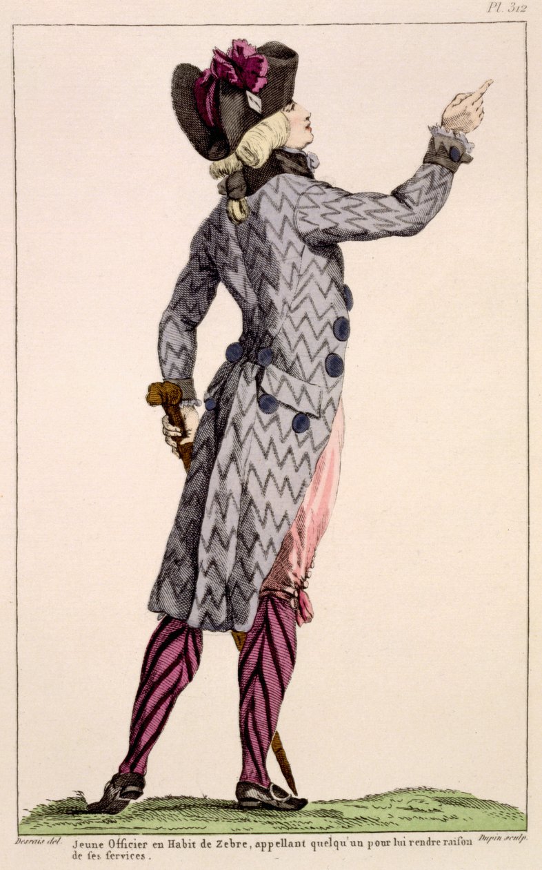 Junger Offizier in einem Zebramantel, Druck von Dupin, 1789 von Claude Louis Desrais