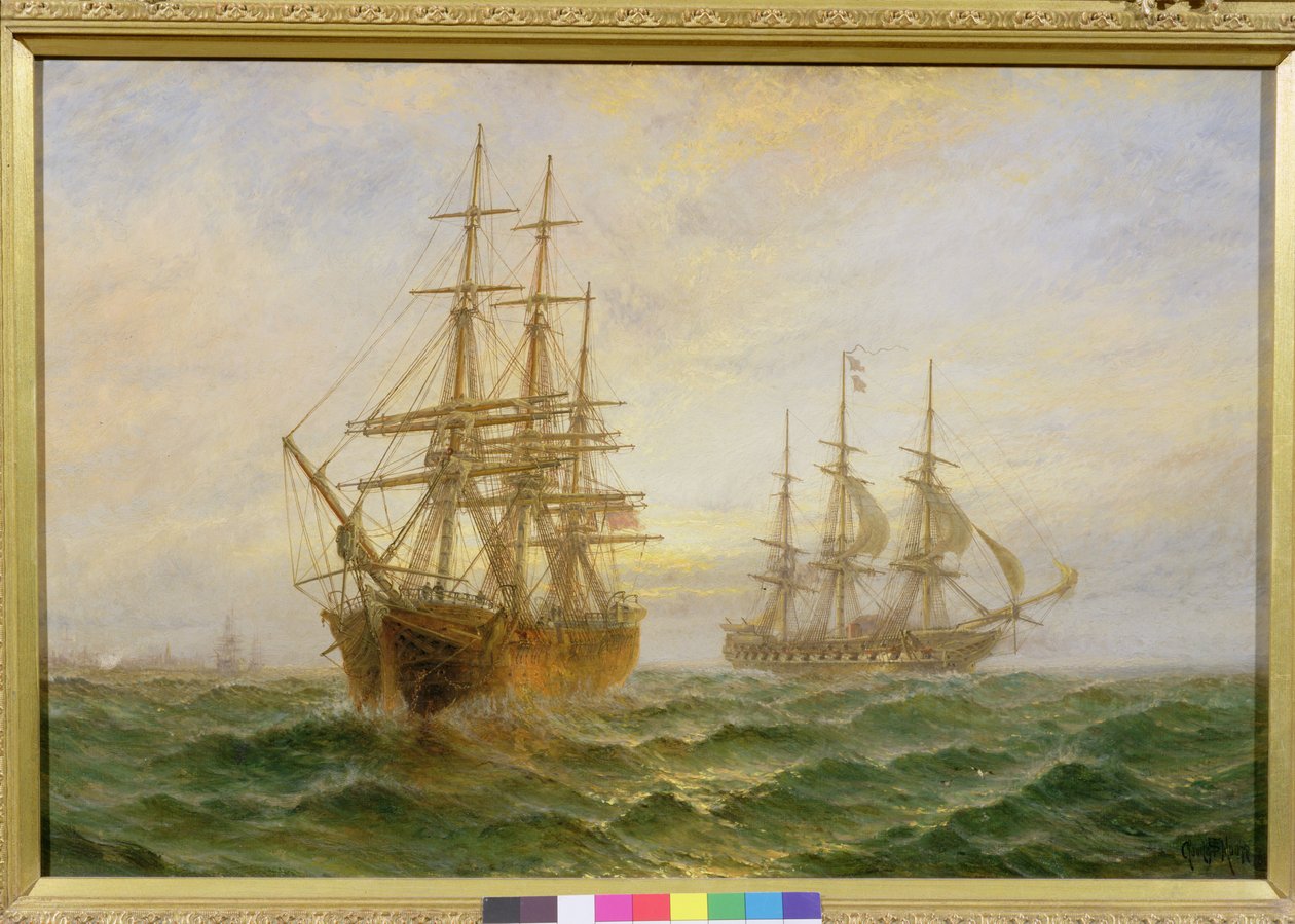 Zwei Schiffe passieren bei Sonnenuntergang von Claude T. Stanfield Moore