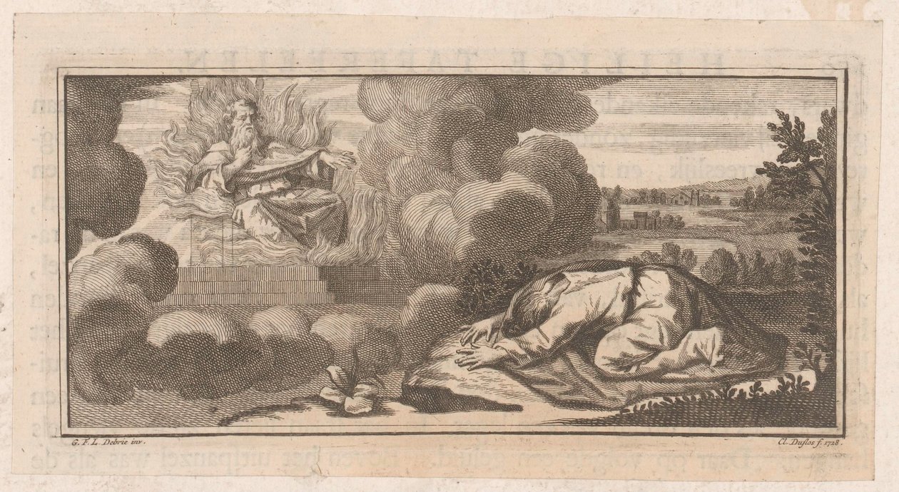 Allegorische oder biblische Darstellung mit kniender Figur vor einem Mann auf einem Thron mit Flammen von Claude Augustin Duflos