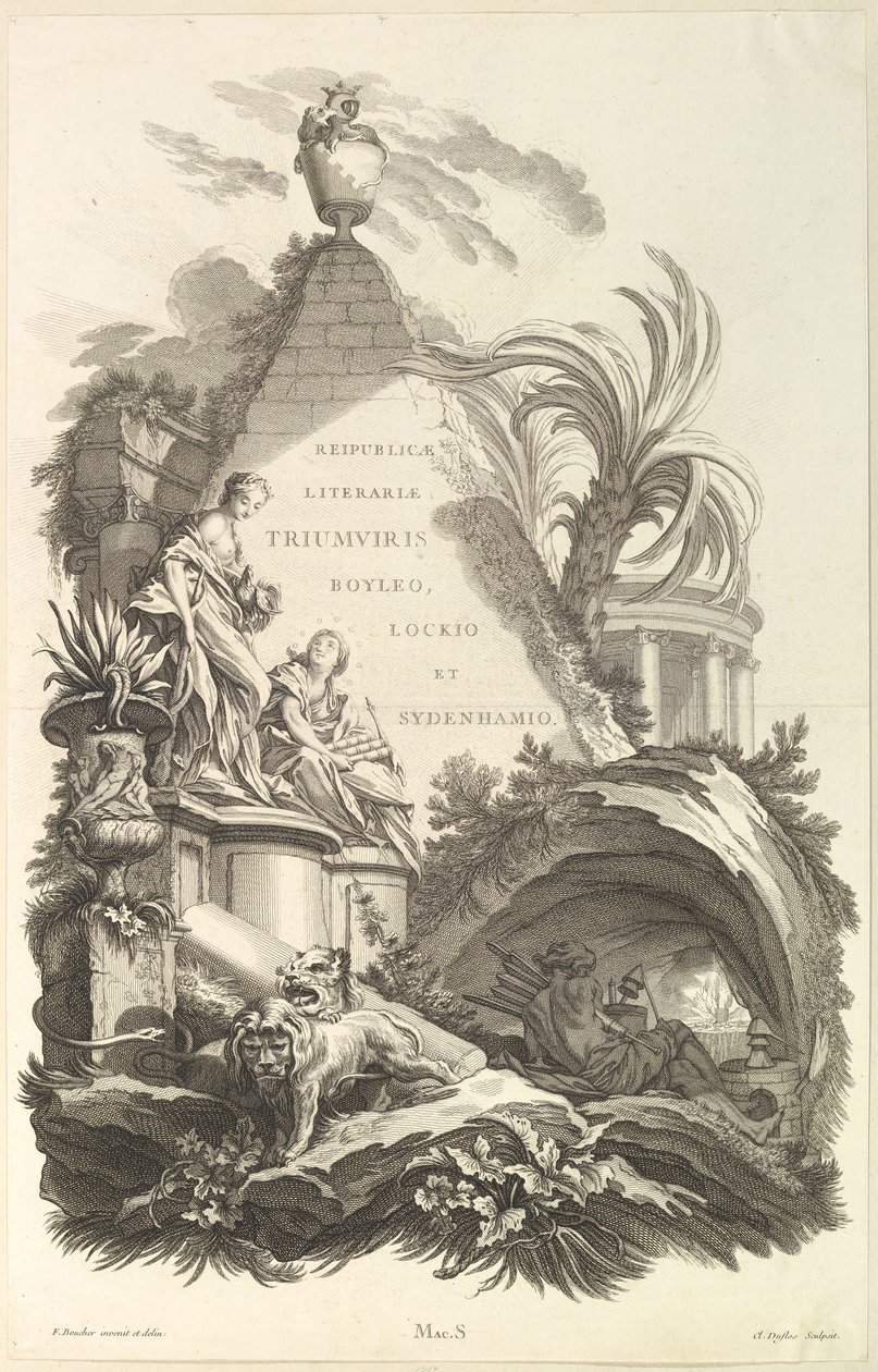 Frontispiz für das Grab von Boyle, Locke und Sydenham, ca. 1736 von Claude Augustin Duflos