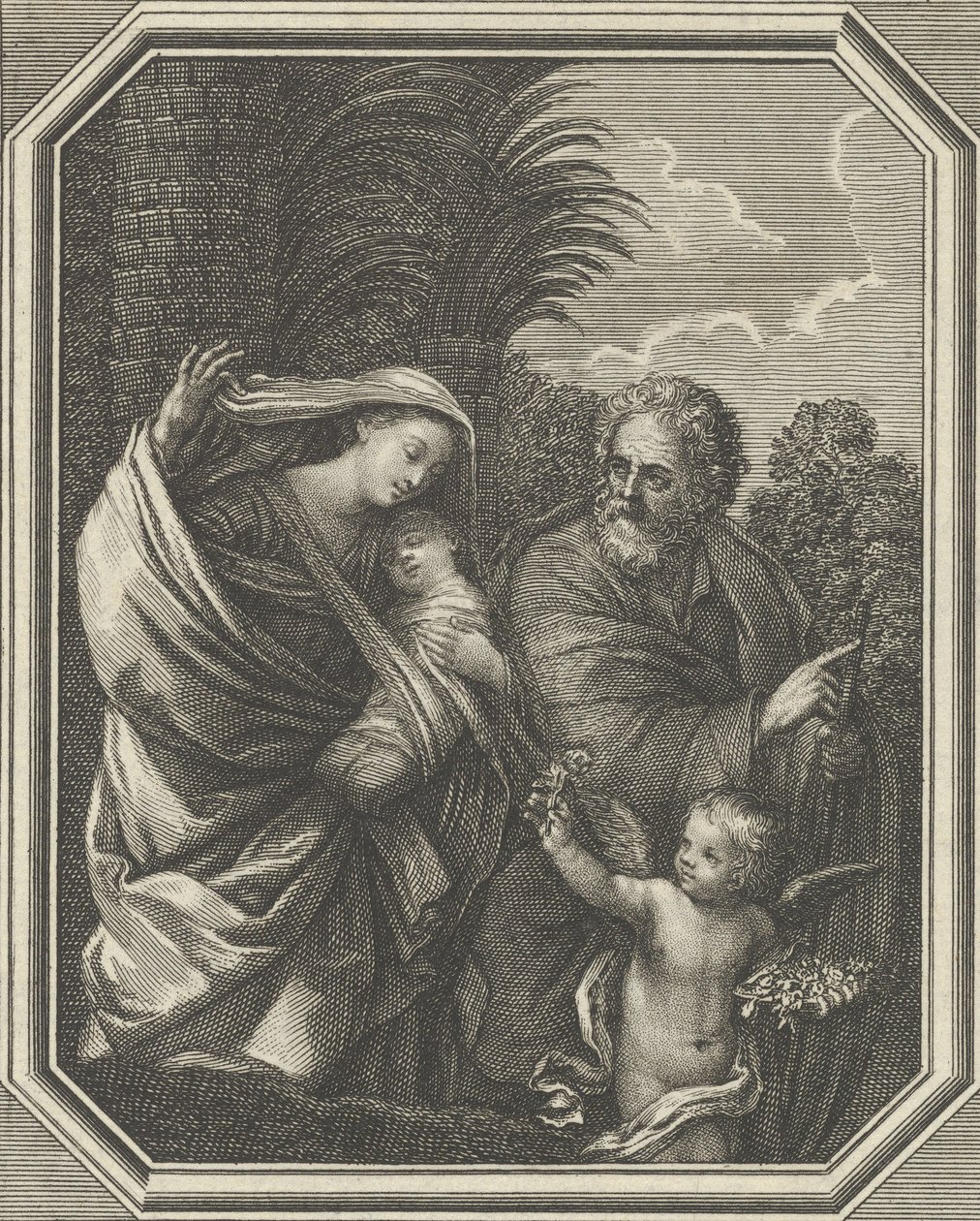 Die Flucht nach Ägypten, die heilige Familie geht mit dem jungen Johannes dem Täufer, ca. 1720-86 von Claude Augustin Duflos