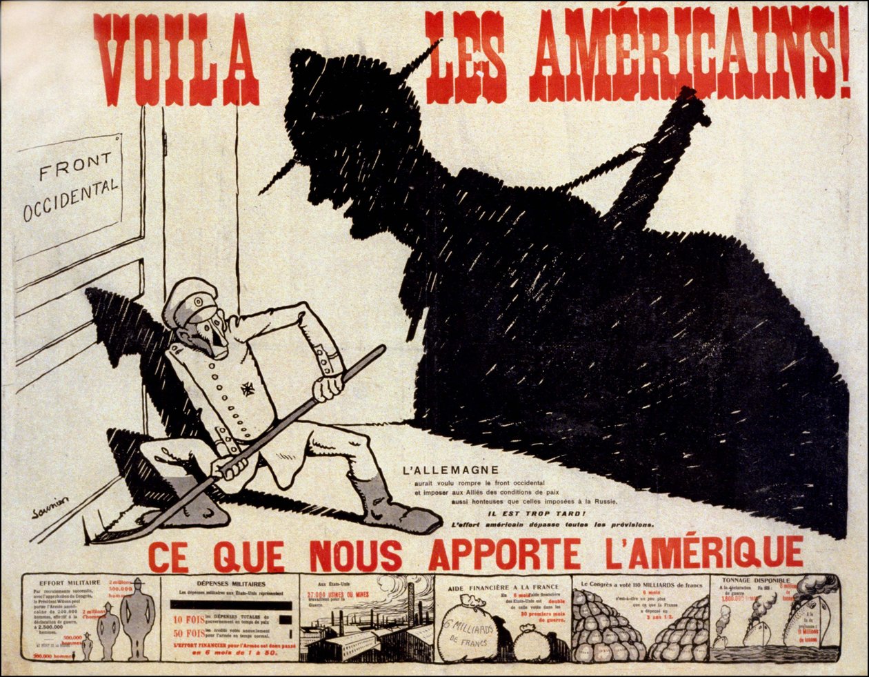 Hier sind die Amerikaner und was Amerika uns bringt - Plakat über den amerikanischen Kriegsaufwand, ill. von Charles Saunier (geboren 1865) von Claude Charles (attr. to) Saunier