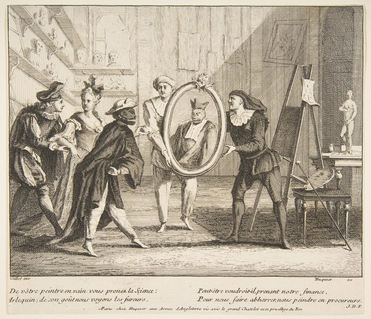 Pierrot und Scaramouche zeigen das Porträt von Harlekin von Claude Gillot, Jacques Gabriel Huquier