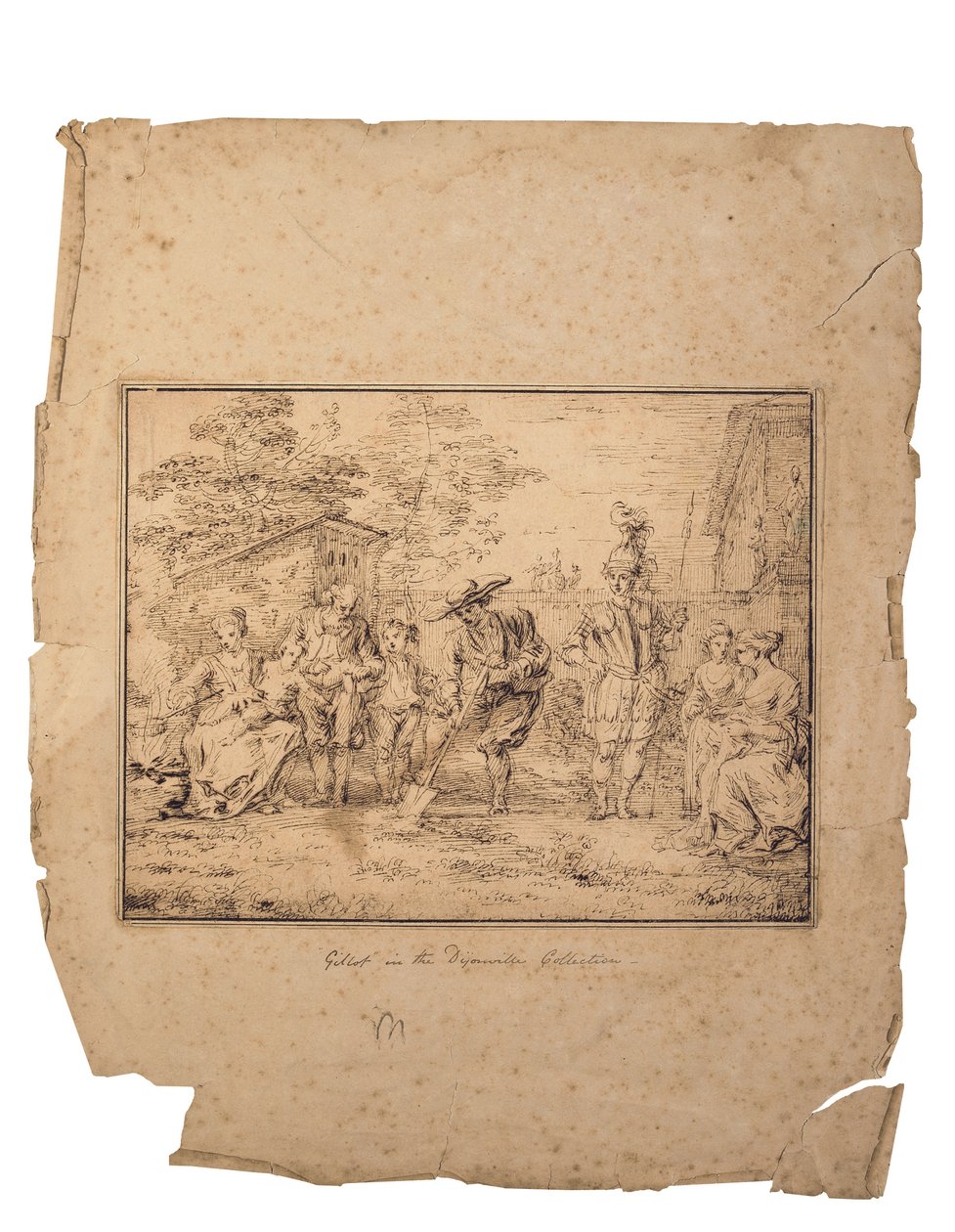 Die vier Lebensalter: Sieben Figuren in einem Garten, eine gräbt mit einem Spaten von Claude Gillot