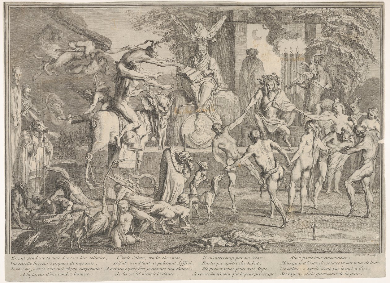 Hexensabbat, in einer nächtlichen Landschaft, ein Nekromant sitzt oben in der Mitte, ca. 1700-1720 von Claude Gillot