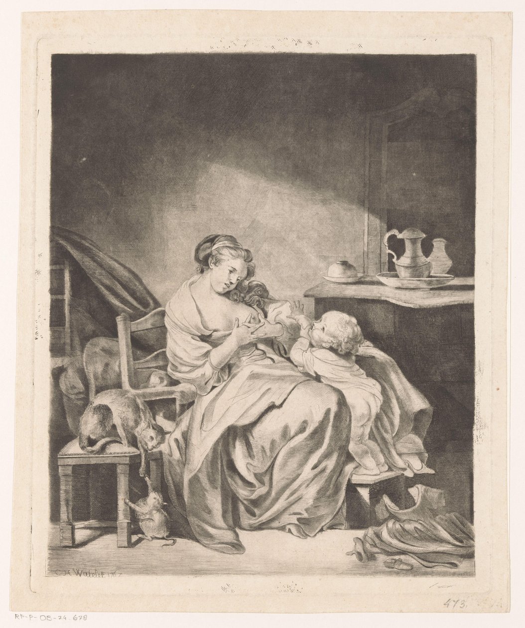 Interieur mit einer sitzenden Frau, die ihr Kind füttert von Claude Henri Watelet
