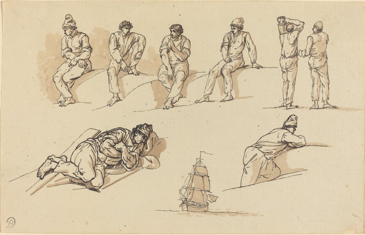 Acht Studien von Figuren und ein Schiff auf See von Claude Joseph Vernet
