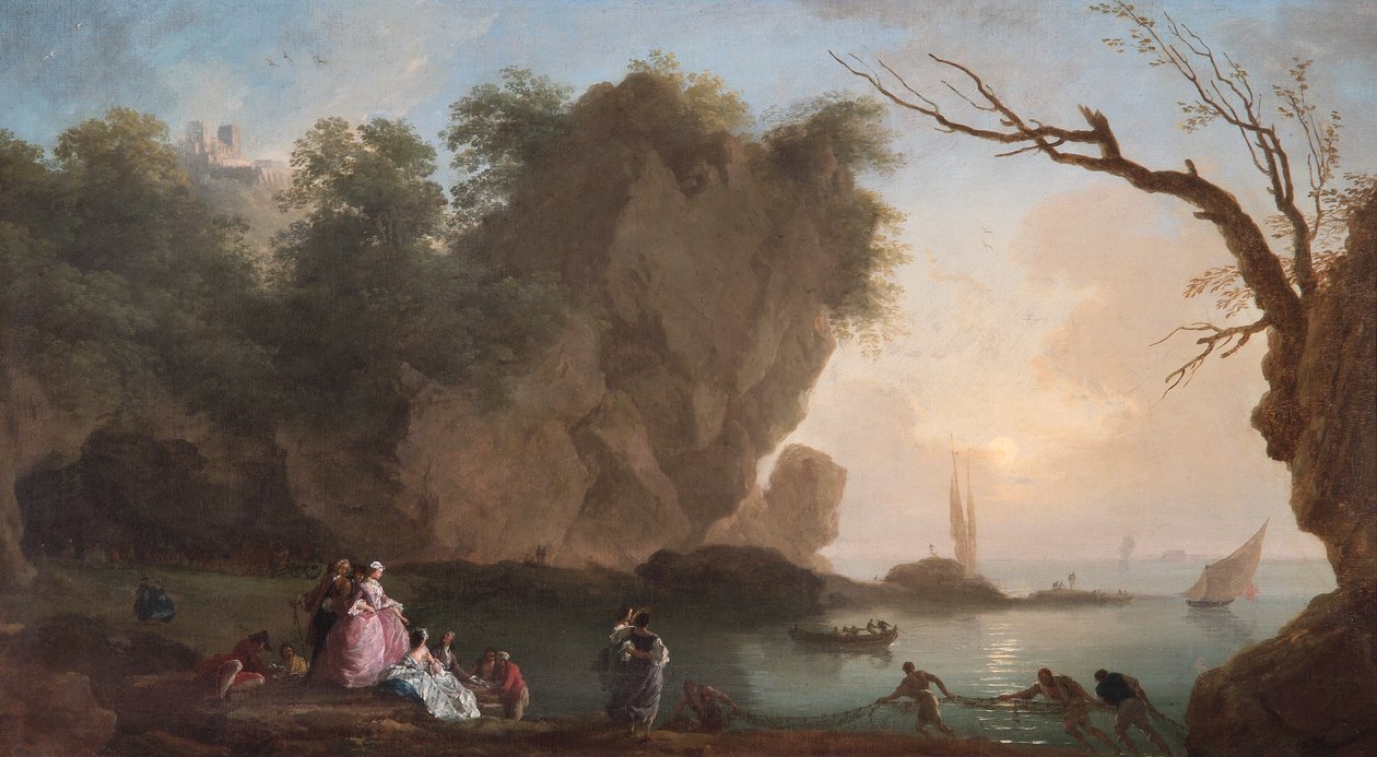 Sonnenuntergang: Blick über eine Bucht mit Figuren von Claude Joseph Vernet