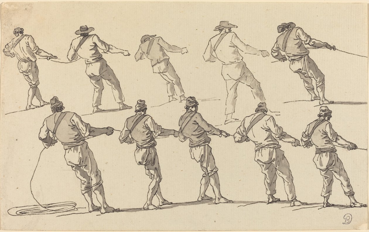 Zehn Männer ziehen an Seilen von Claude Joseph Vernet