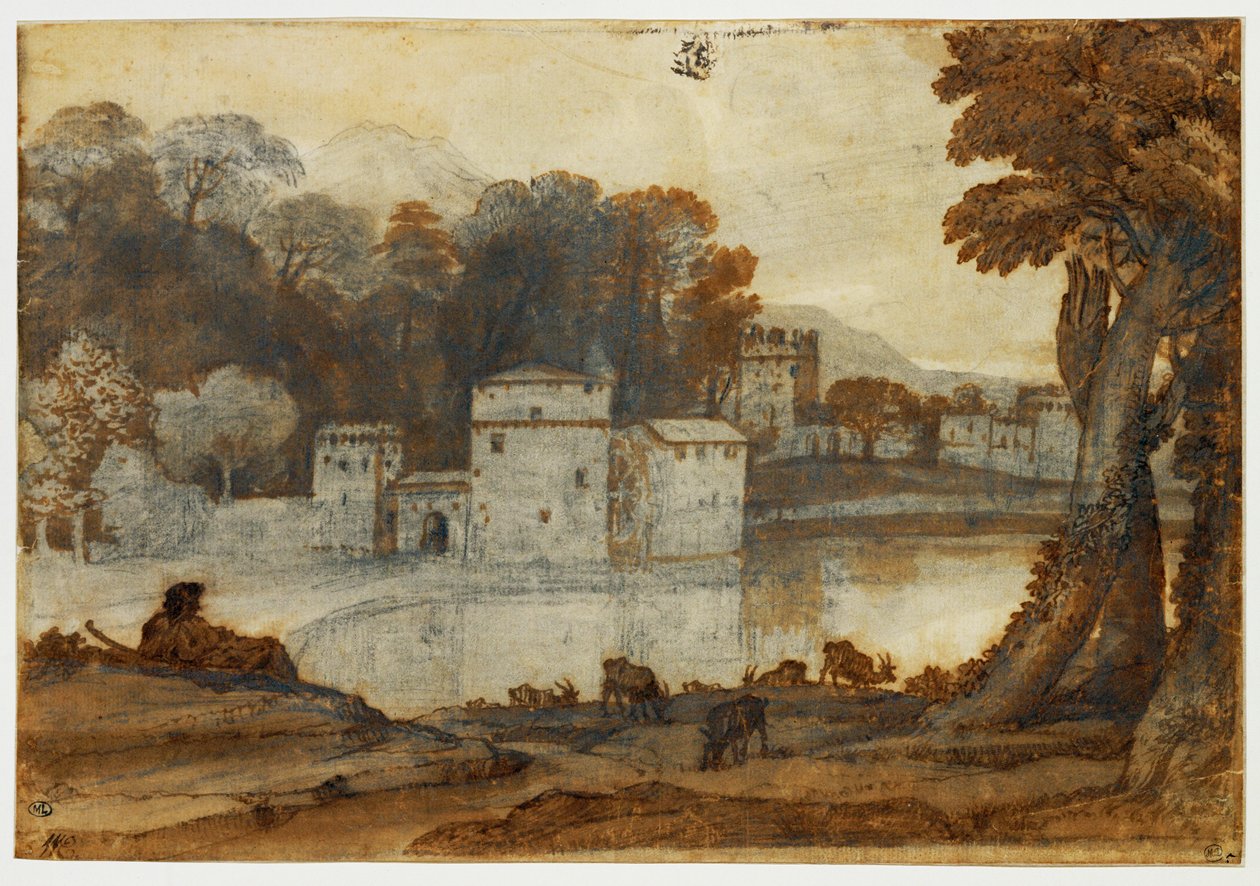 Hirte neben einem See in der Nähe einer befestigten Mühle von Claude Lorrain (1600 82)