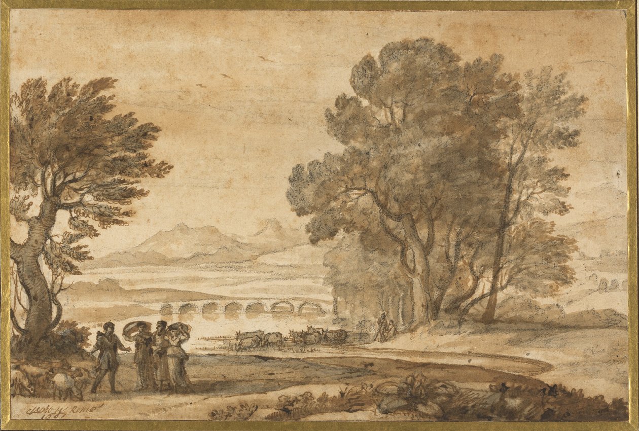 Eine bewaldete Flusslandschaft mit Jakob, Laban und seinen Töchtern von Claude Lorrain