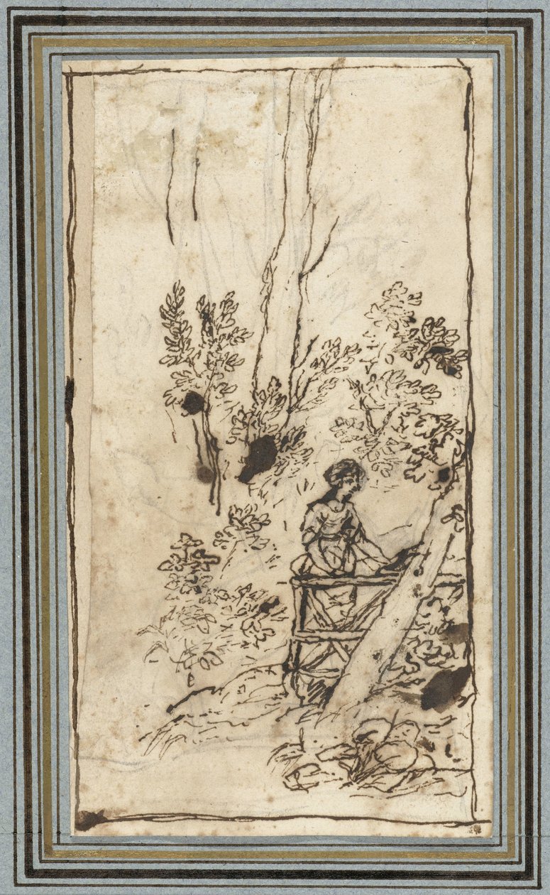 Junge Frau, die an einem Zaun im Wald steht (Studies von Tieren aus dem Dierenalbum) von Claude Lorrain