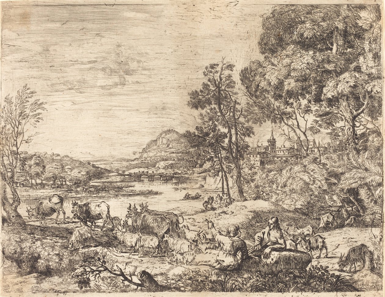 Hirte und Hirtin im Gespräch in einer Landschaft von Claude Lorrain