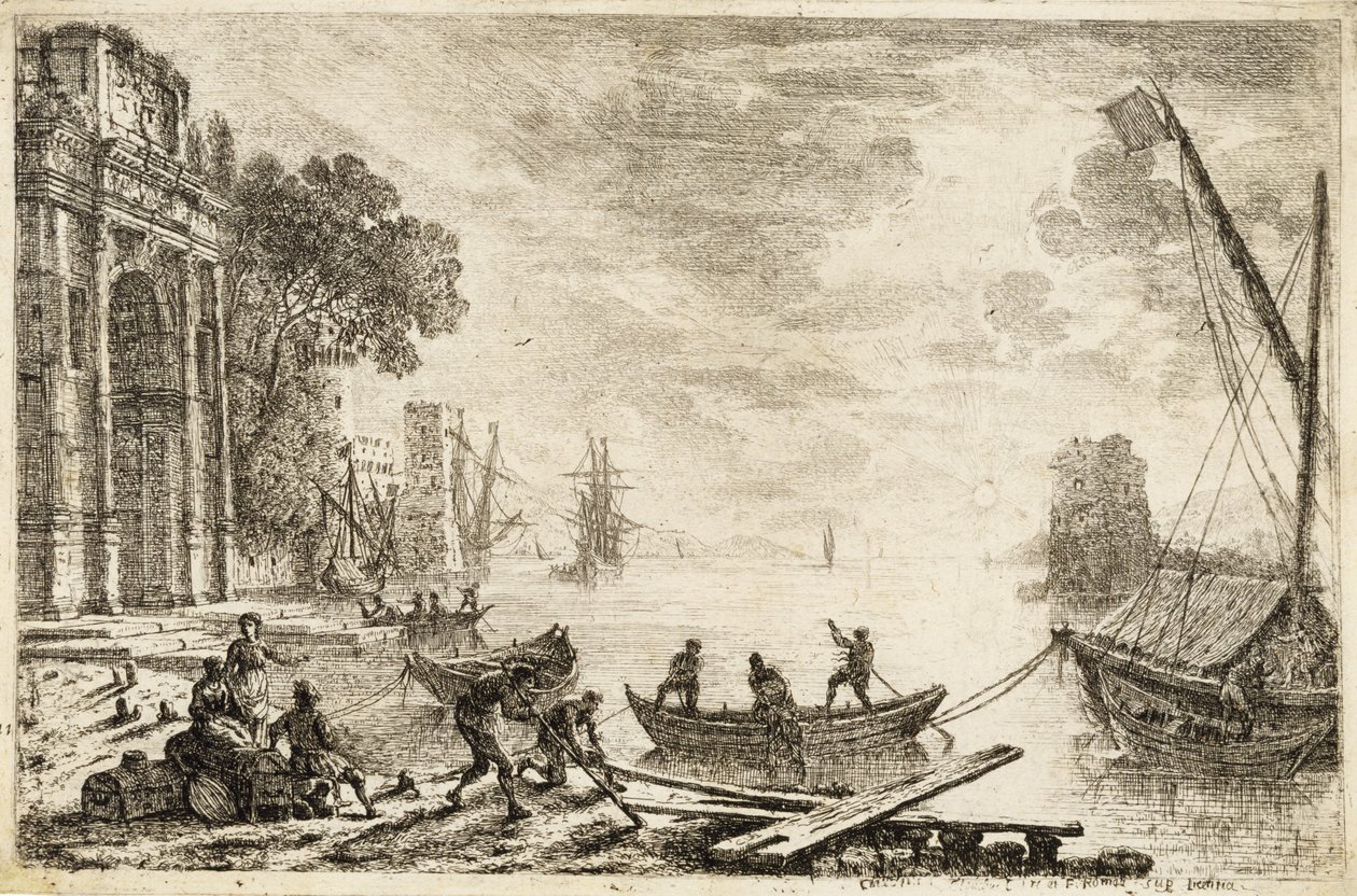 Hafenszene mit aufgehender Sonne, 1634 von Claude Lorrain