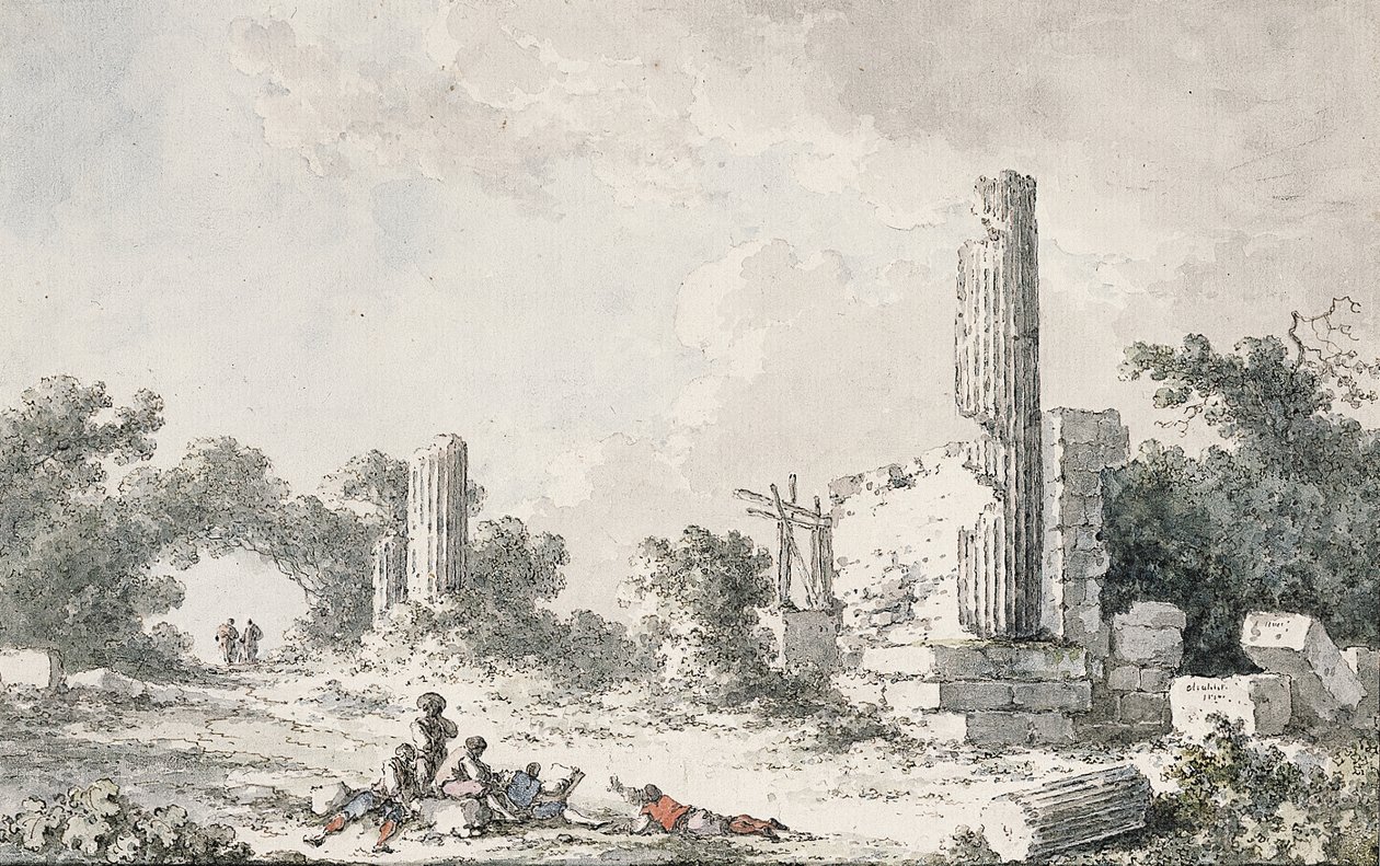 Die Ruinen des Tempels von Kastor und Pollux, Agrigent, mit Künstlern beim Skizzieren von Claude Louis Chatelet