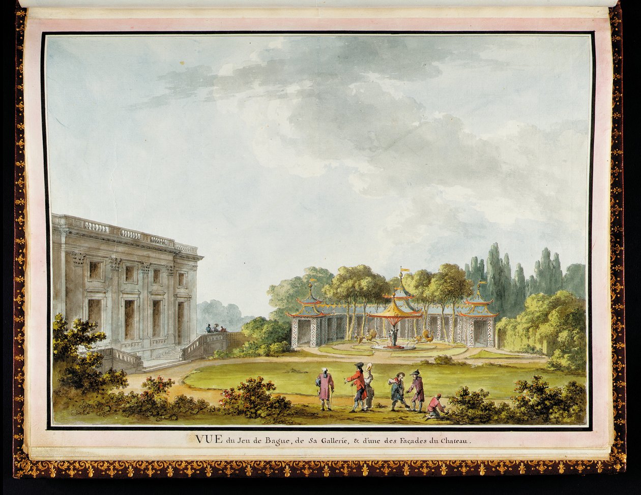 "Vue de Jeu de Bague, de Sa Gallerie, & d"une des Façades du Chateau", aus Das Schloss und die Gärten der Königin im Petit Trianon: Ein prächtiges Album mit Originalzeichnungen und Plänen, in Auftrag gegeben von Marie-Antoinette, vom Architekten Richard Mi von Claude Louis Chatelet