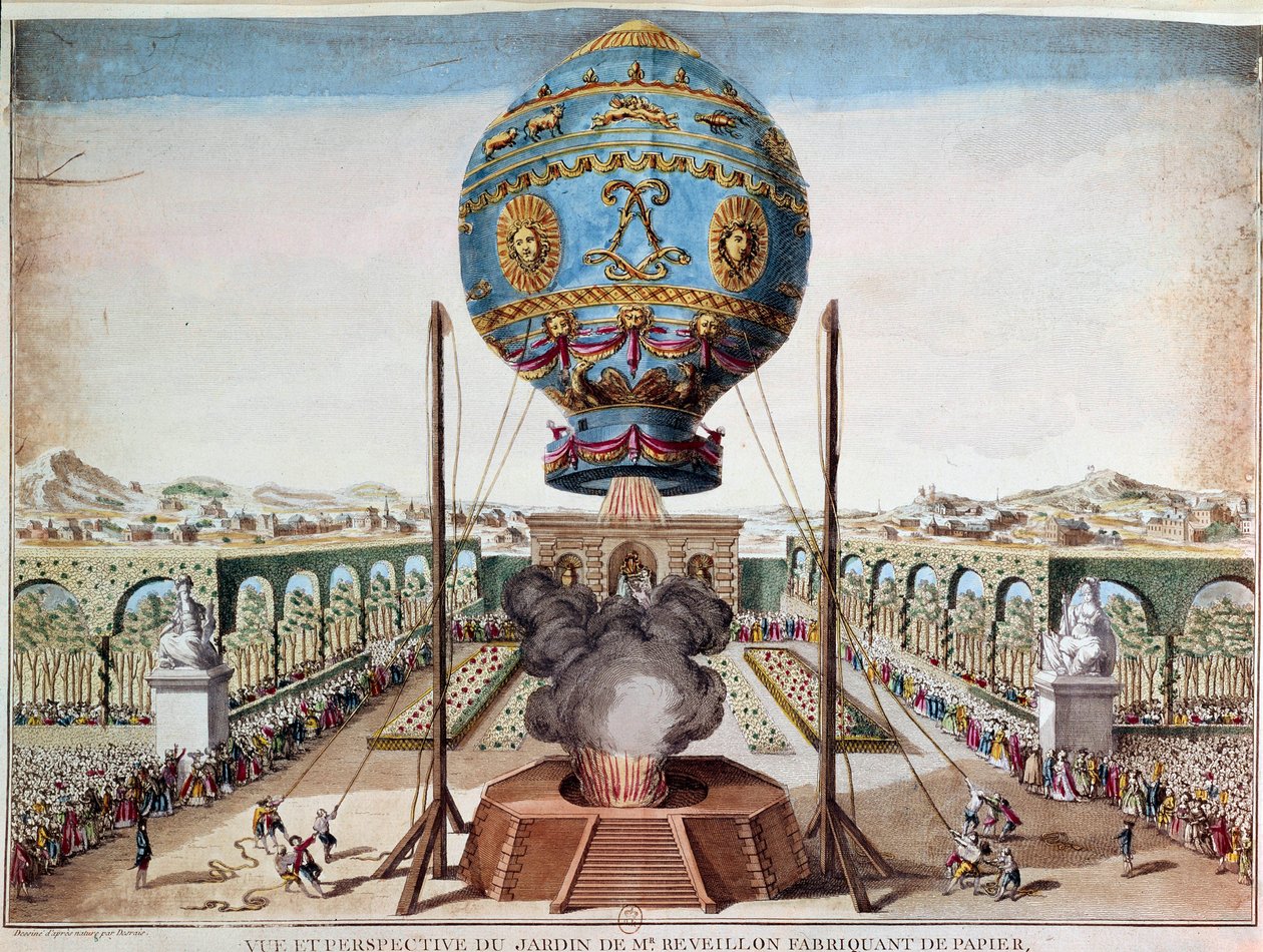 Erfahrung der Montgolfière-Brüder am 19. Oktober 1783 im Garten von Monsieur Réveillon, Faubourg Saint Antoine in Paris. Gravur von Desrais Claude Louis Desrais (1746-1816) von Claude Louis Desrais