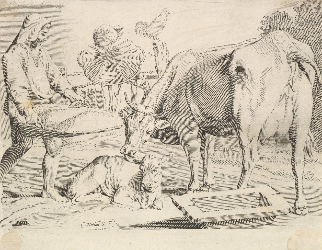 Landschaftsszene mit Bauer, Kuh und Kalb von Claude Mellan