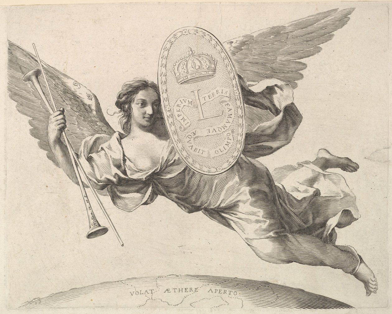 Ruhm trägt ein Schild mit dem Initial von Ludwig XIV La Renommée volant von Claude Mellan