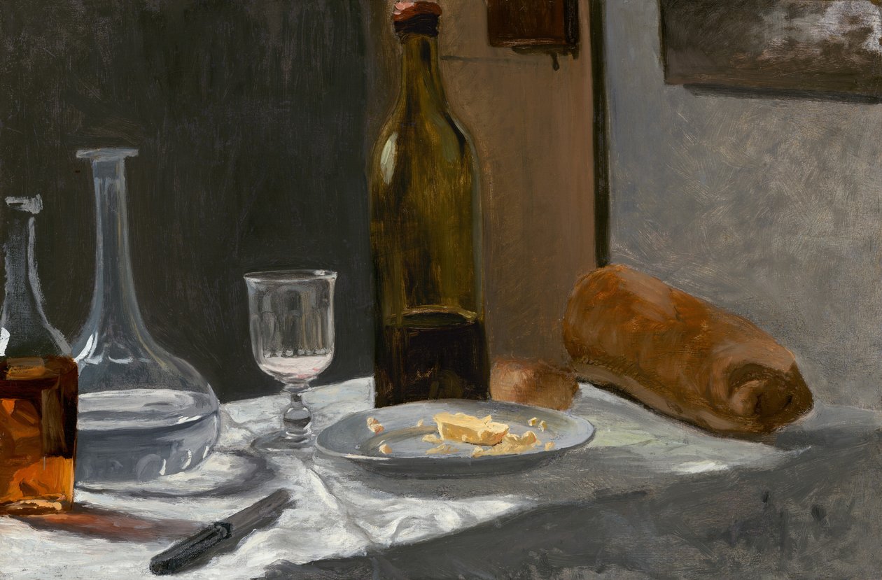 Stillleben mit Flasche, Karaffe, Brot und Wein von Claude Monet