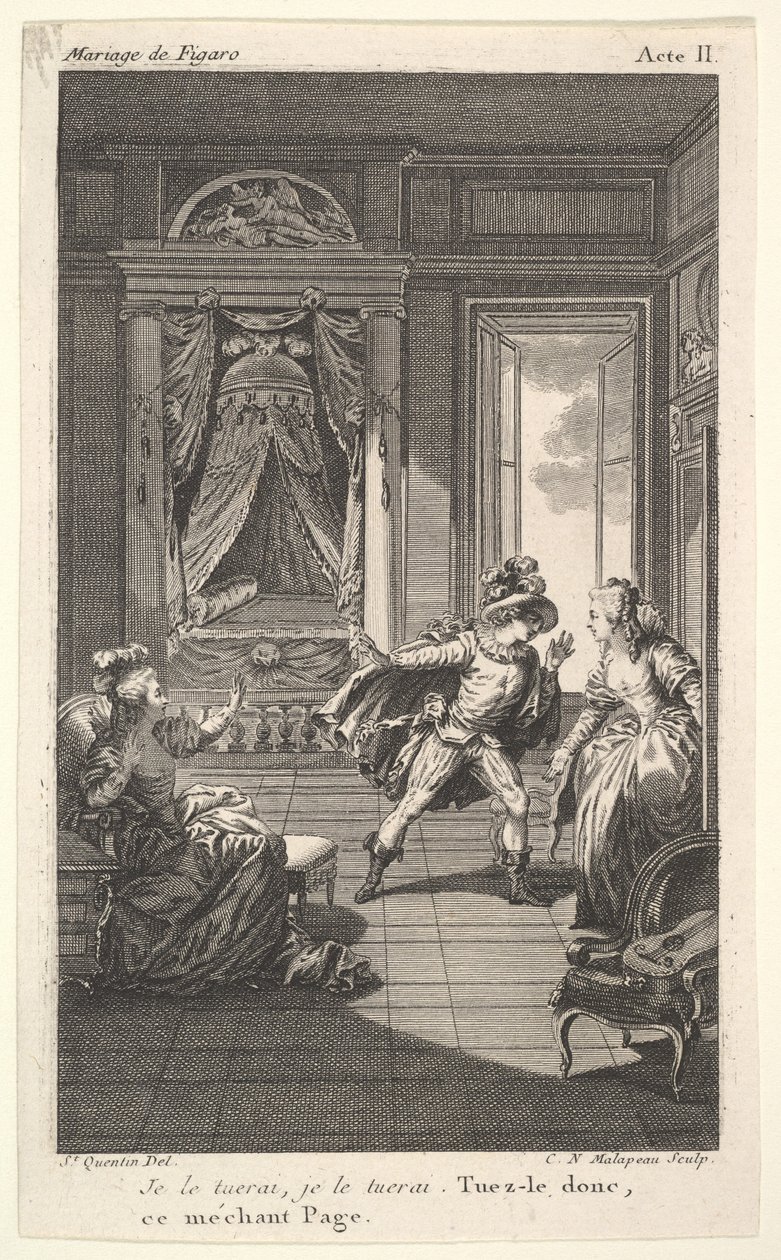 Ein Mann lehnt sich zu einer Frau, die in einer Türöffnung rechts steht, links hebt eine sitzende Frau..., ca. 1784 von Claude Nicolas Malapeau