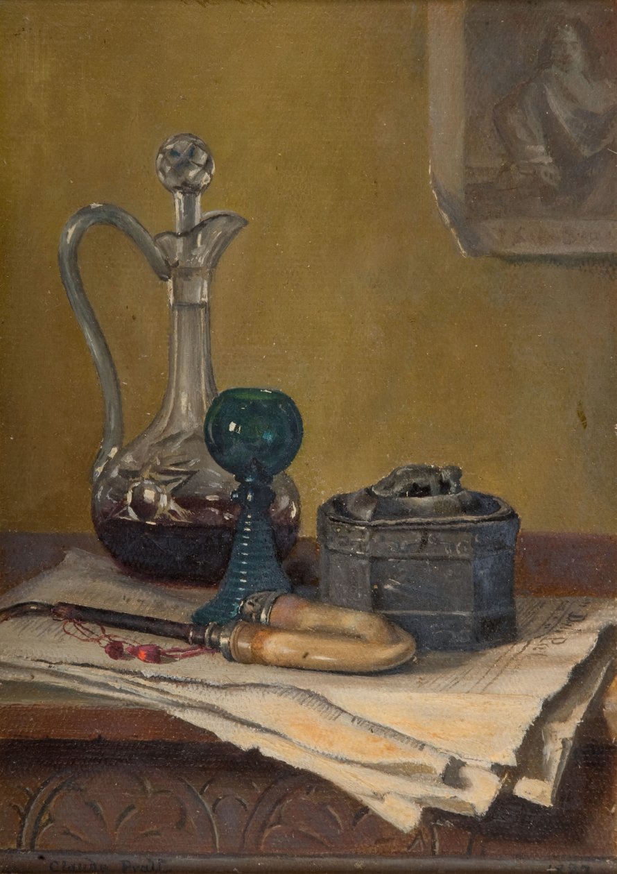 Stillleben mit Zeitung, Pfeife, Karaffe und Krug von Claude Pratt