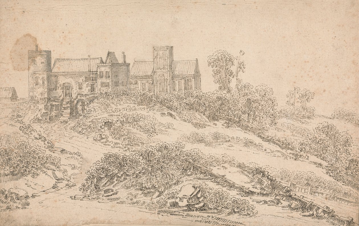 Ein Tudor-Herrenhaus und Kirche von Claude de Jongh