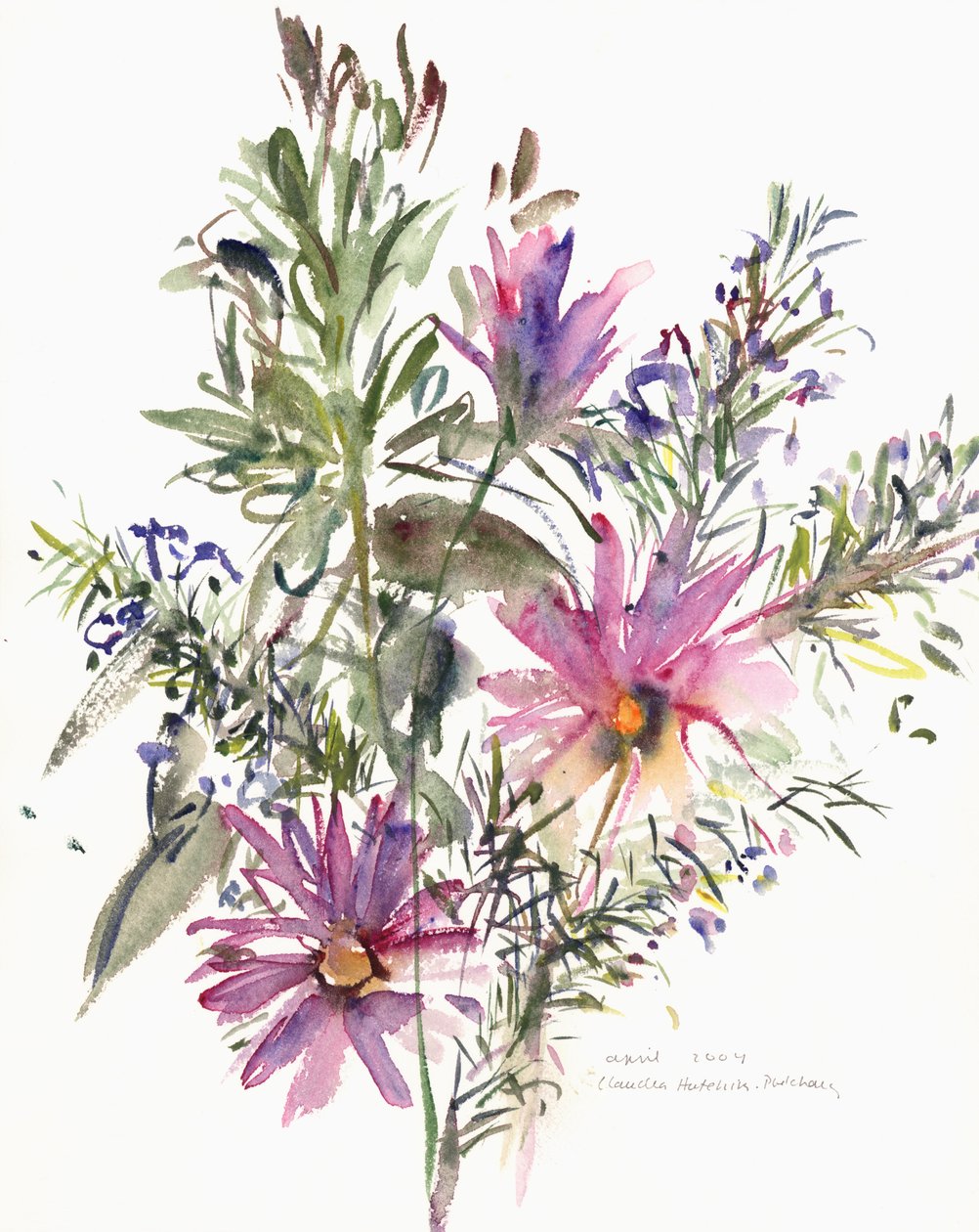 Blumen, südafrikanische Gänseblümchen und Lavendel, 2004 von Claudia Hutchins Puechavy