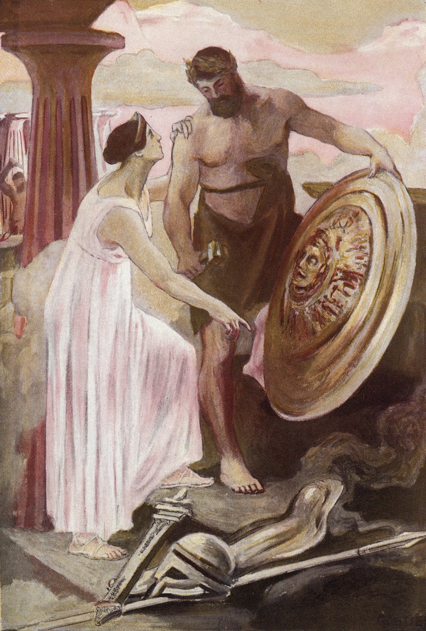 Der Schild des Achilles, geschaffen von Vulkan. Illustration von Clement Gontier für Homers 